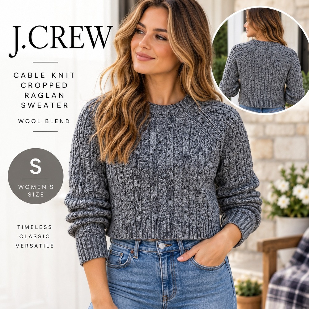 J.Crew Cable Knit Sweater Women S Gray Wool Blend Crewneck Raglan Crop Pullover
